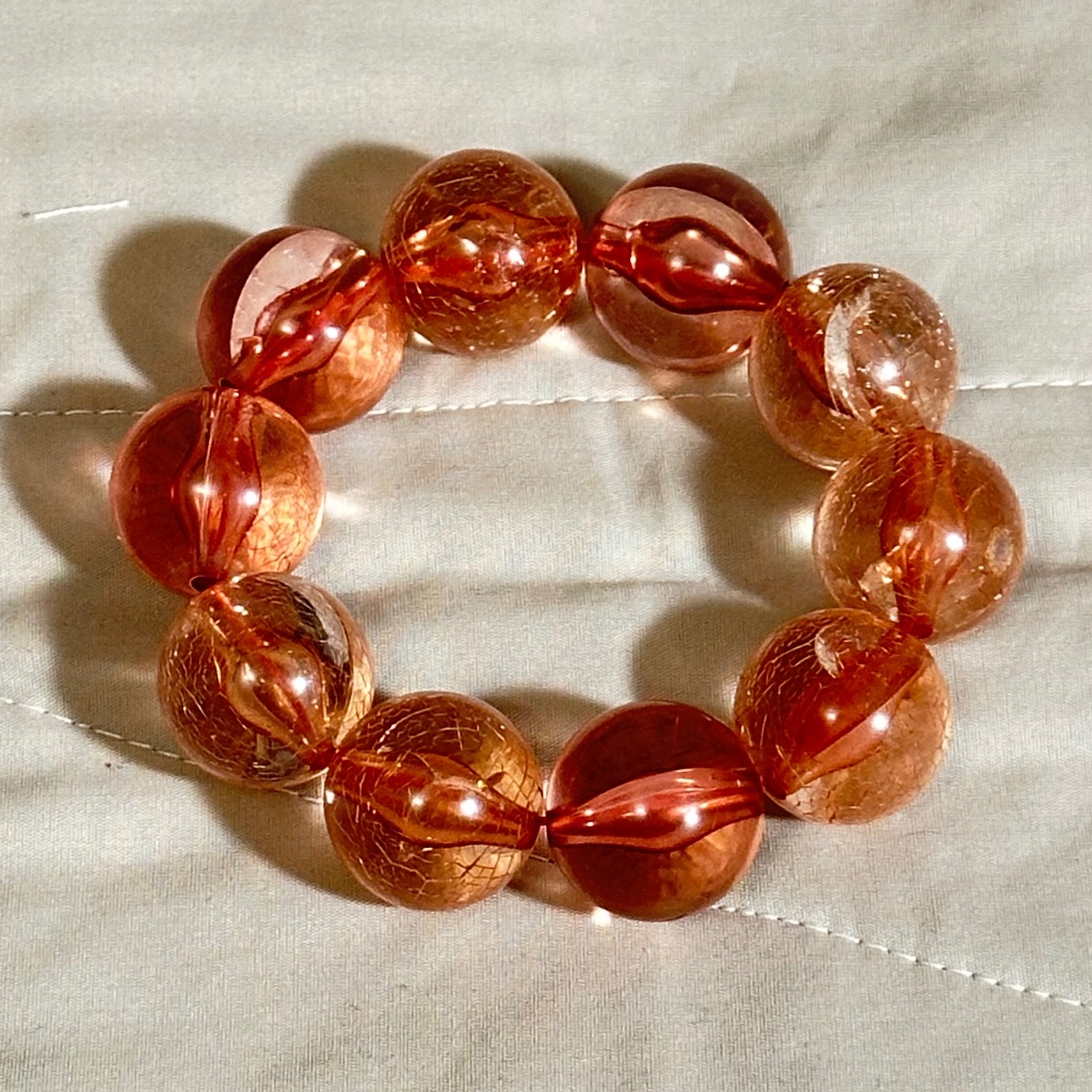 Rutilated Quartz, Large Bead, Stretchy Bracelet, Peach/Pink